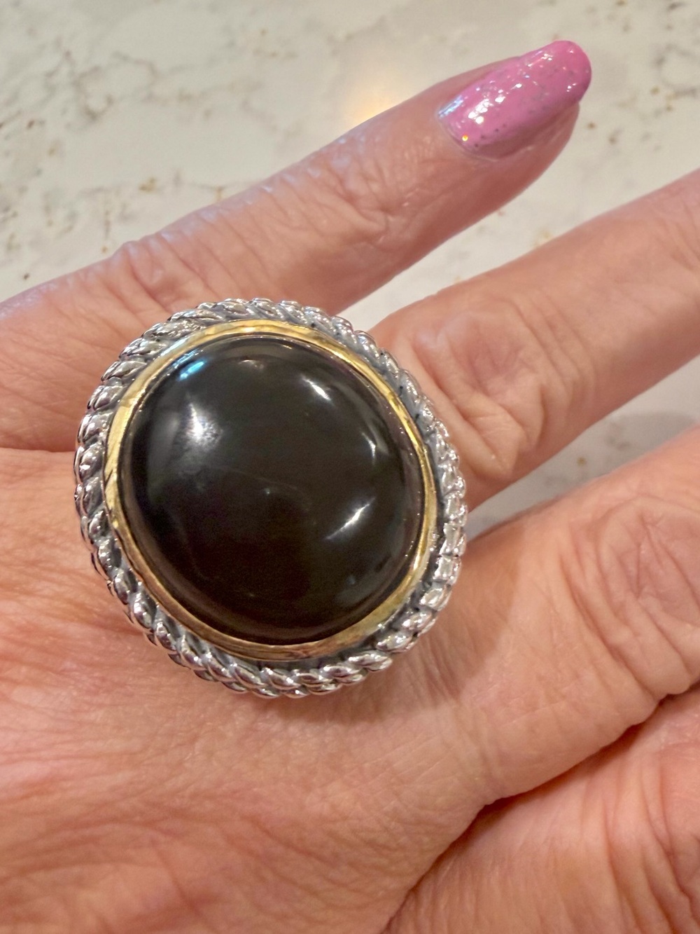 Vintage Two-Tone Gold and Silver Black Onyx Statement Cocktail Ring Size 7.75